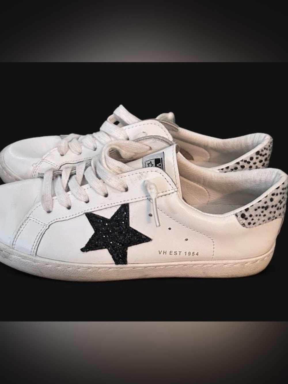 Vintage Havana White Leather Sneakers with Black Star and Cheetah Backing